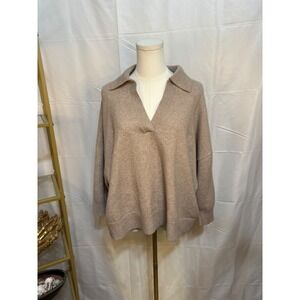 HM Womens Collared V-Neck Sweater M Taupe Beige Oversized Knit Pullover Polo
